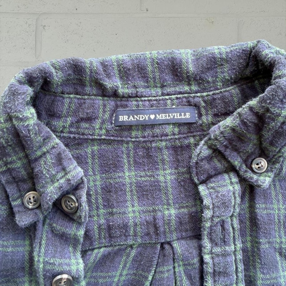 Brandy Melville Navy Green Plaid Flannel Shirt Long Sleeve Button Up One Size